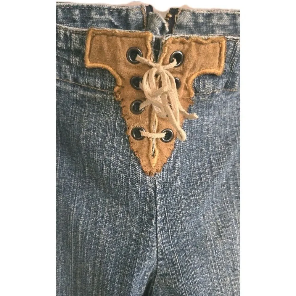 Vintage Guess Jeans Girls 10 Blue Flare Leg Y2k Embroidered Floral Split Hem